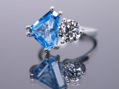 Freeform Swiss Blue Topaz & Moissanite OOAK - Toi et Moi Engagement Ring