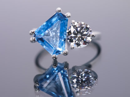 Freeform Swiss Blue Topaz & Moissanite OOAK - Toi et Moi Engagement Ring