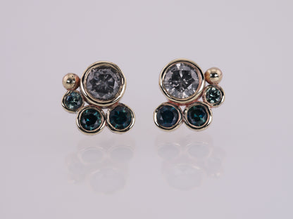 HALLEY Salt & Pepper Diamond and Teal Sapphire Stud Earrings - 9K Gold