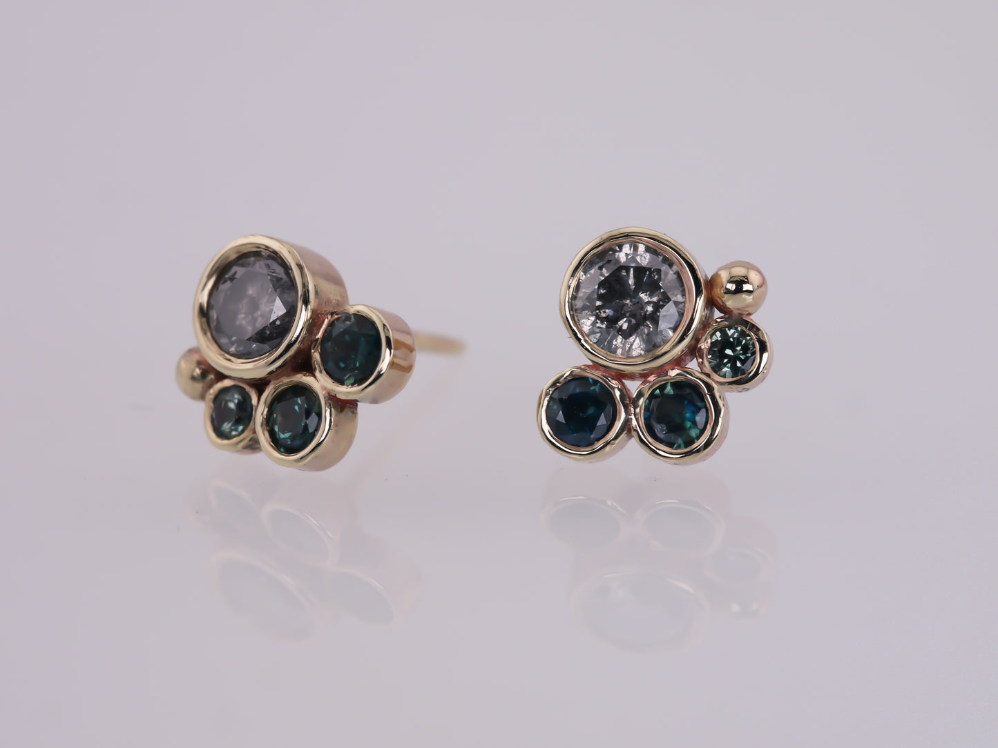 HALLEY Salt & Pepper Diamond and Teal Sapphire Stud Earrings - 9K Gold