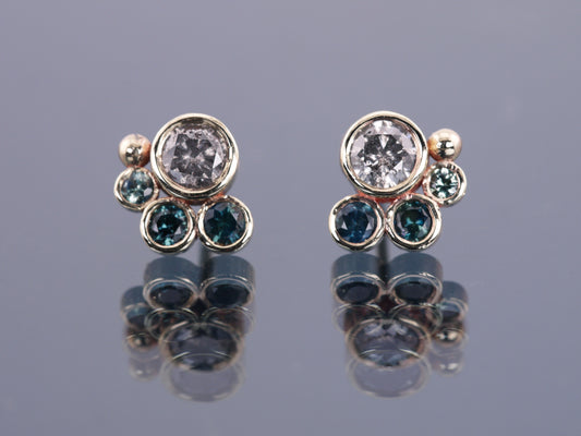 HALLEY Salt & Pepper Diamond and Teal Sapphire Stud Earrings - 9K Gold