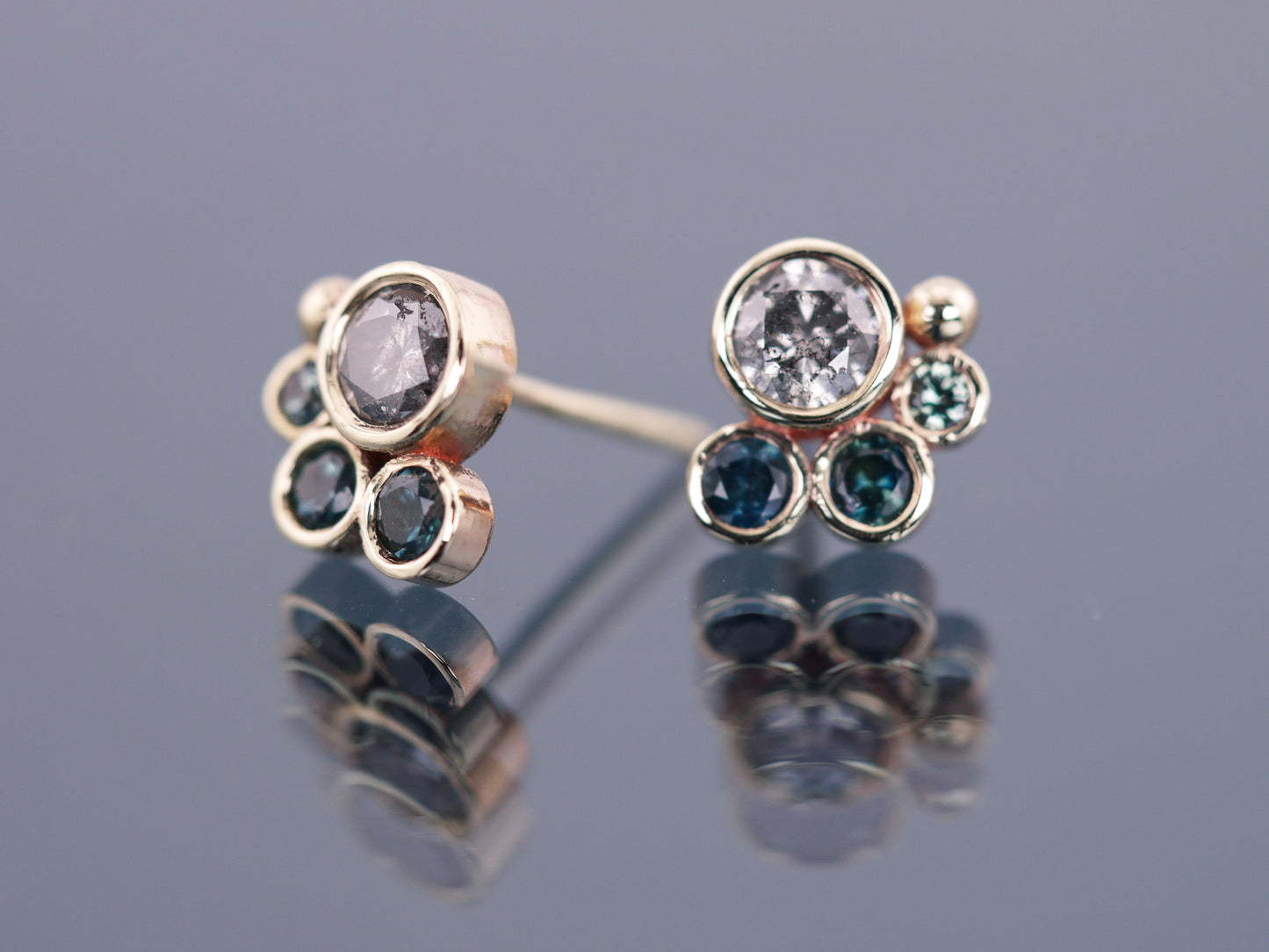 HALLEY Salt & Pepper Diamond and Teal Sapphire Stud Earrings - 9K Gold