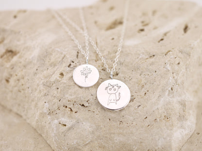 Personalised Hand Drawn Engraved Circle Pendant Necklace