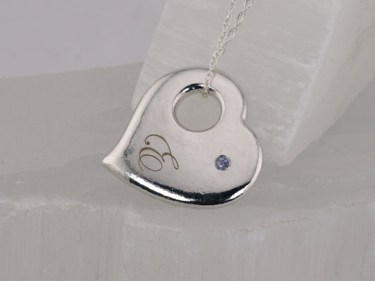 Personalised Engraved Puffy Heart Pendant - Back Side Engraving and Second Birthstone