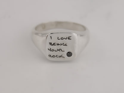 Personalised Square Signet Ring with Salt and Pepper Diamond - Handwritten Notes