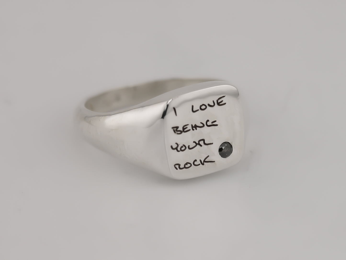 Personalised Square Signet Ring with Salt and Pepper Diamond - Handwritten Notes