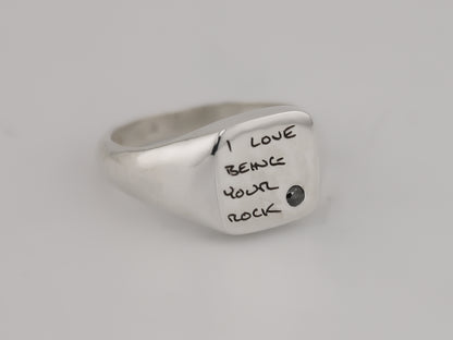 Personalised Square Signet Ring with Salt and Pepper Diamond - Handwritten Notes