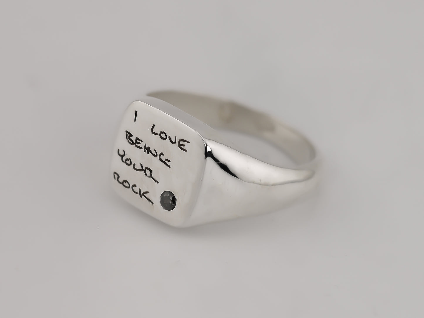 Personalised Square Signet Ring with Salt and Pepper Diamond - Handwritten Notes