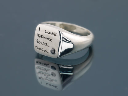 Personalised Square Signet Ring with Salt and Pepper Diamond - Handwritten Notes