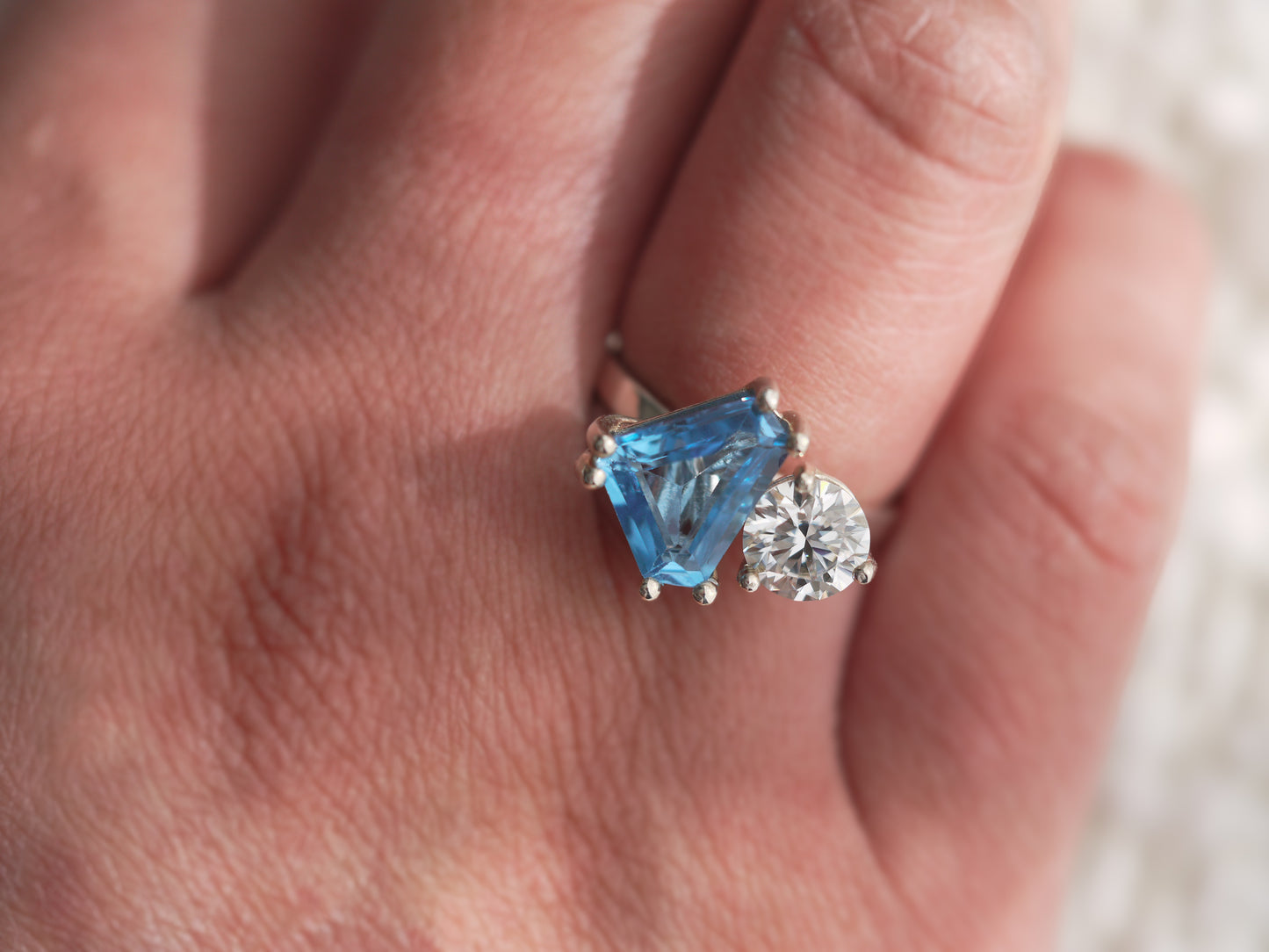 Freeform Swiss Blue Topaz & Moissanite OOAK - Toi et Moi Engagement Ring