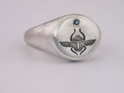 Scarab Beetle Signet Ring with Sapphire - Sterling Silver