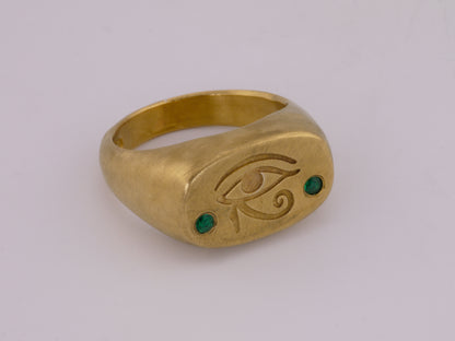 Eye of Horus Cushion Signet Ring with Lab Emeralds - 22k Gold Vermeil