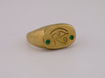 Eye of Horus Cushion Signet Ring with Lab Emeralds - 22k Gold Vermeil