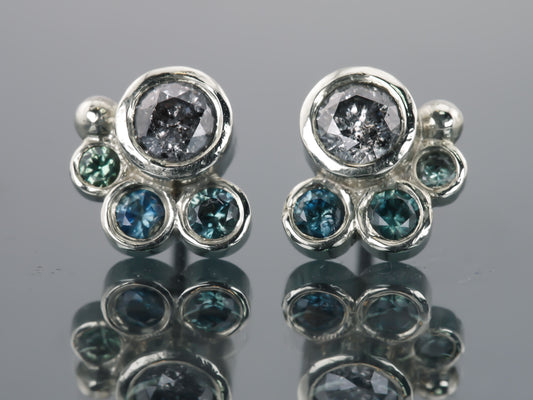 HALLEY Salt & Pepper Diamond and Teal Sapphire Stud Earrings - 9K Gold