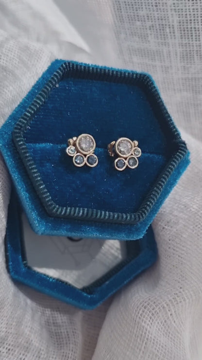 HALLEY Salt & Pepper Diamond and Teal Sapphire Stud Earrings - 9K Gold