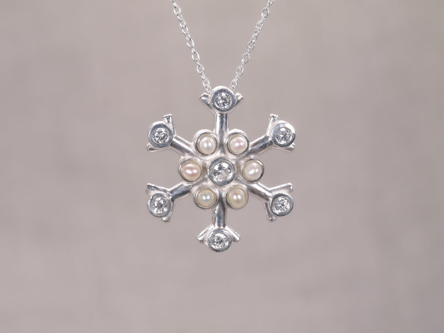 SNOWFLAKE Necklace - White Sapphires & Freshwater Pearls