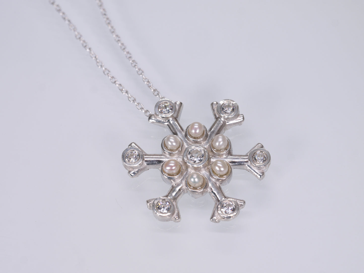 SNOWFLAKE Necklace - White Sapphires & Freshwater Pearls