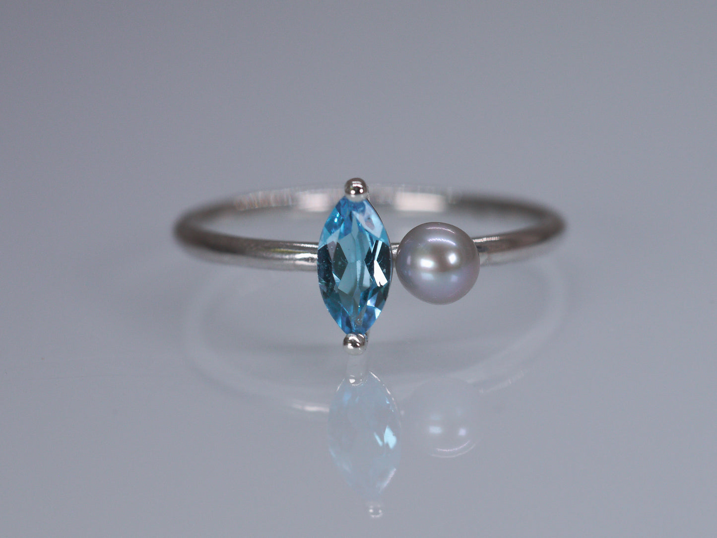LUCIA Duet Ring - Swiss Blue Topaz Marquise & Grey Freshwater Pearl