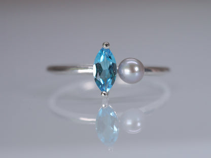 LUCIA Duet Ring - Swiss Blue Topaz Marquise & Grey Freshwater Pearl