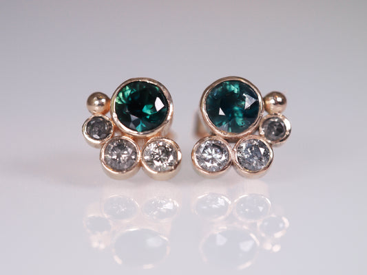 HALLEY Teal Sapphire and Salt & Pepper Diamond Stud Earrings - 9K Gold