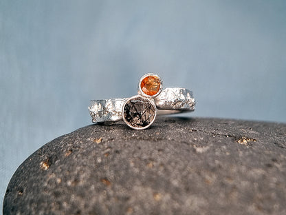 SUN ECLIPSE Terra Ring - Hessonite Orange Garnet and Black Rutile Quartz