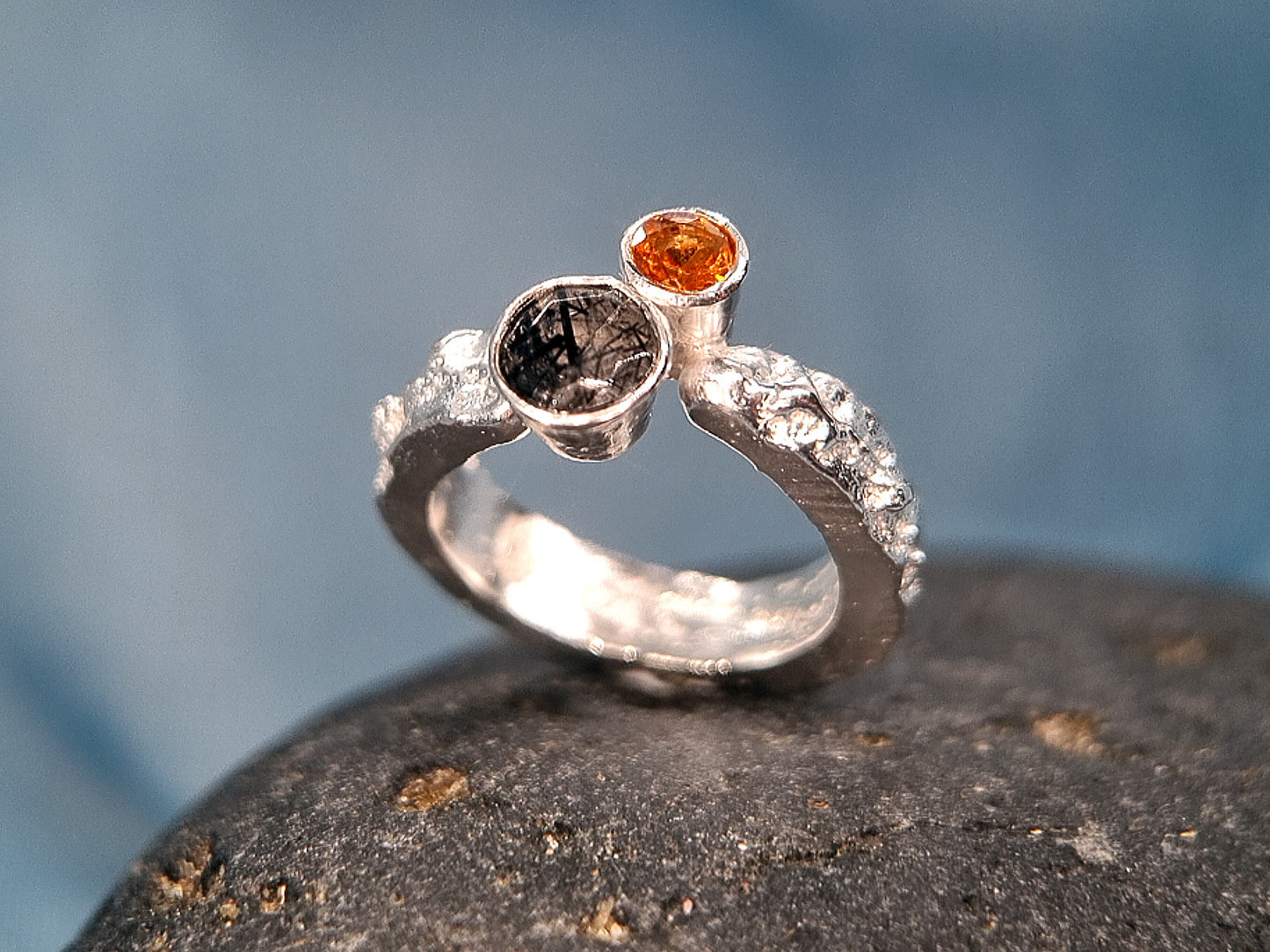 SUN ECLIPSE Terra Ring - Hessonite Orange Garnet and Black Rutile Quartz