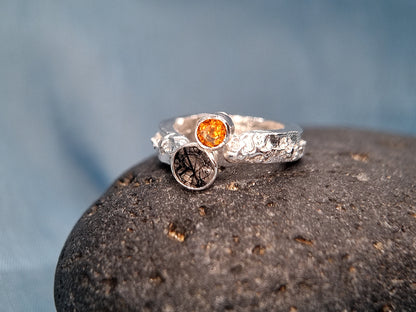 SUN ECLIPSE Terra Ring - Hessonite Orange Garnet and Black Rutile Quartz