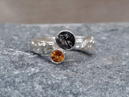 SUN ECLIPSE Terra Ring - Hessonite Orange Garnet and Black Rutile Quartz