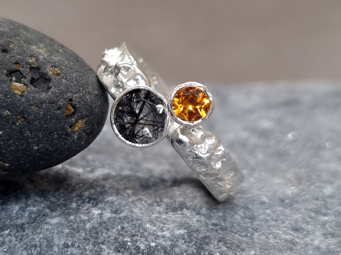 SUN ECLIPSE Terra Ring - Hessonite Orange Garnet and Black Rutile Quartz