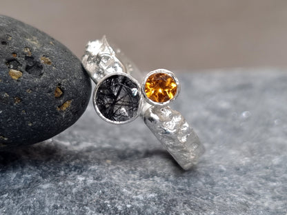 SUN ECLIPSE Terra Ring - Hessonite Orange Garnet and Black Rutile Quartz