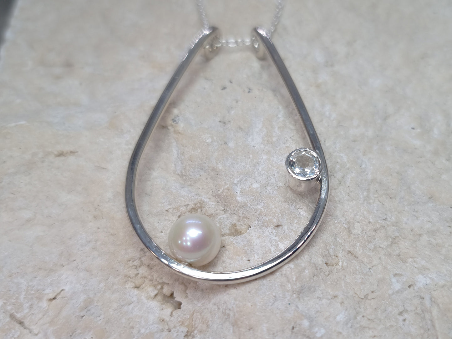 RHEA Ring Holder Necklace - Freshwater Pearl & White Topaz