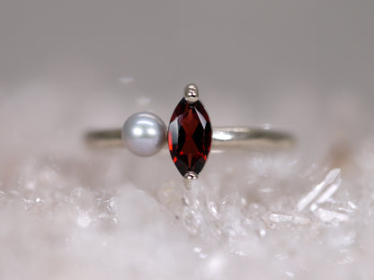 LUCIA Duet Ring - Red Garnet Marquise & Grey Freshwater Pearl