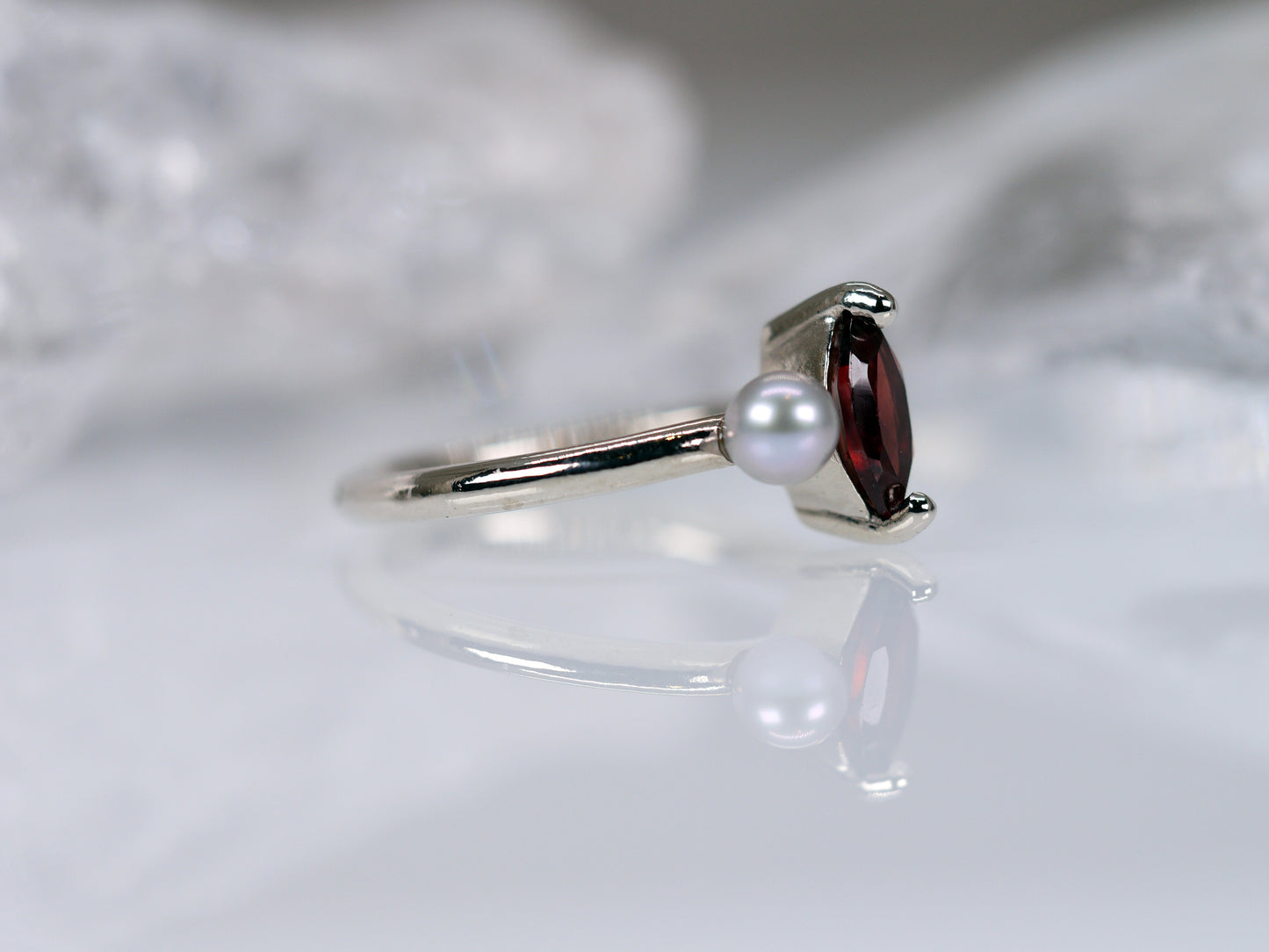 LUCIA Duet Ring - Red Garnet Marquise & Grey Freshwater Pearl