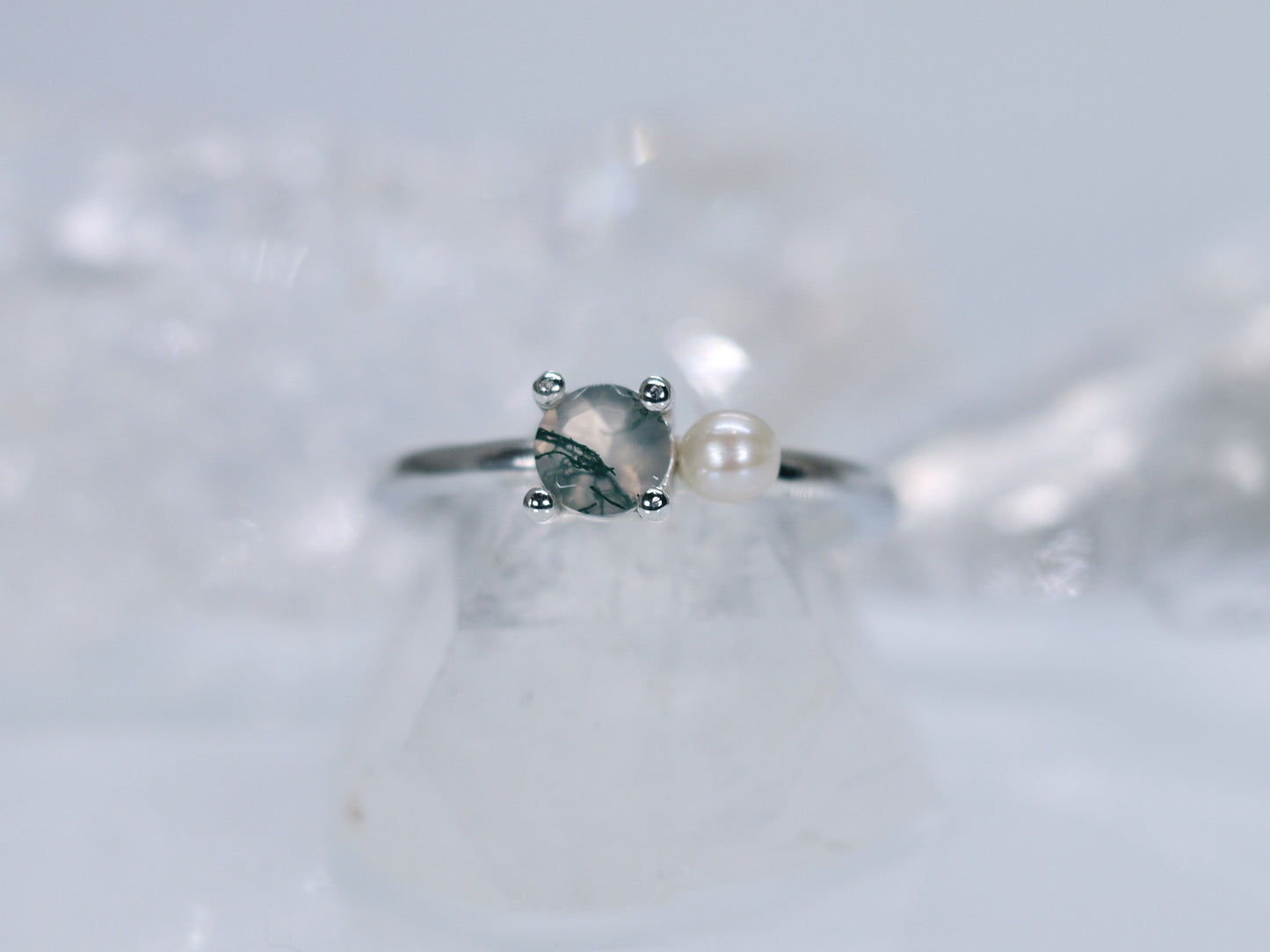 DELILAH Duet Ring - Moss Agate & Freshwater Pearl